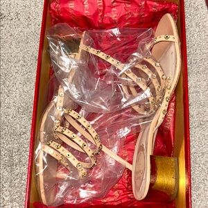 Rene Caovilla Gold and Tan Studded Sandals